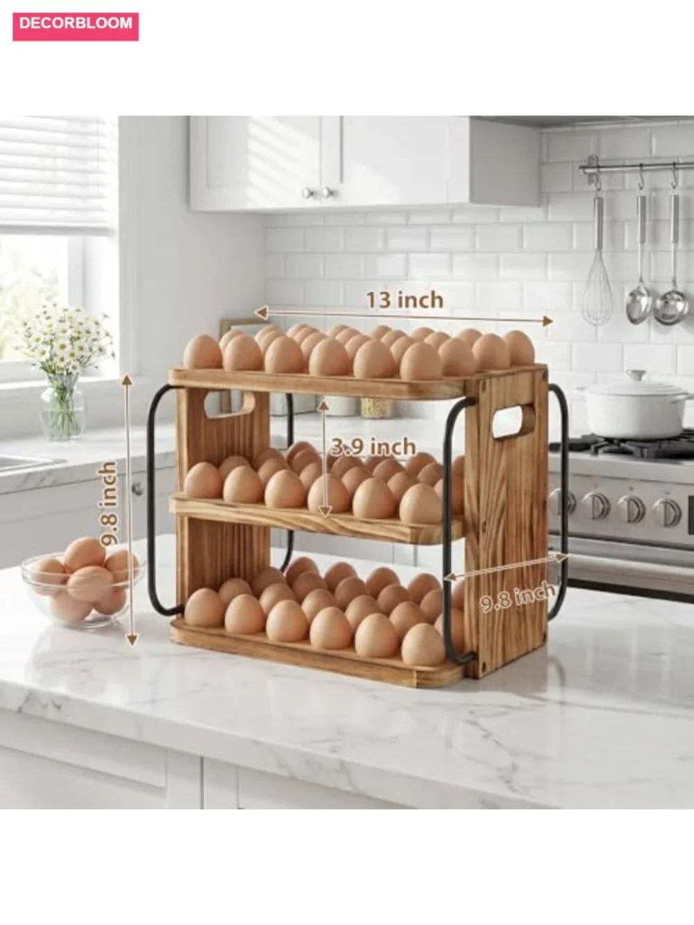 Wooden Egg Holder Countertop for Fresh Eggs with Handle - 3 Layer Stackable 90